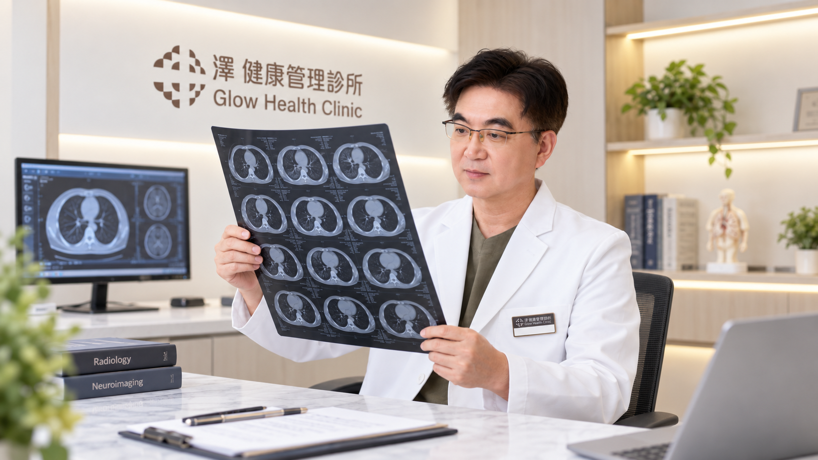 醫師專注檢視胸部CT影像